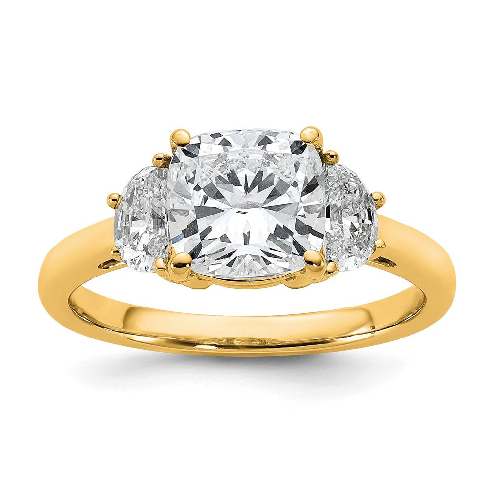 14K Yellow Gold 1/2 carat Lab Grown Diamond VS/SI+ G+ Half Moon and 2 carat Cushion Center Semi Mount Three Stone Engagement Ring