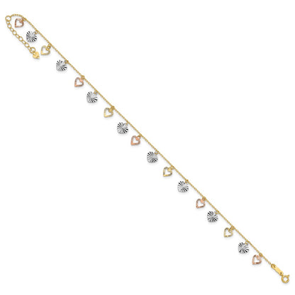 14K Tri-Color Gold Tri-Color Dangle Hearts 9 Inch Plus 1 Inch Extender - Total 10 Inch Anklet
