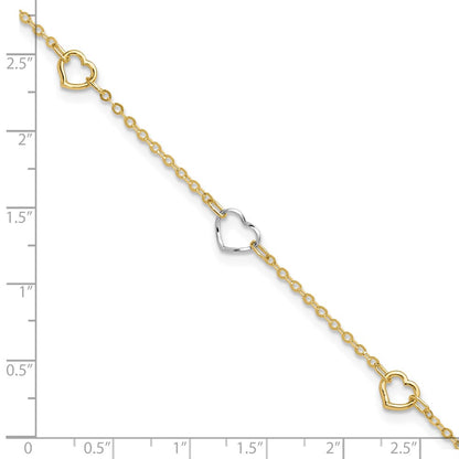 14K Two-Tone Gold Two-tone Polished Open Hearts 5-Station 9 Inch Plus 1 Inch Extender - Total 10 Inch Anklet