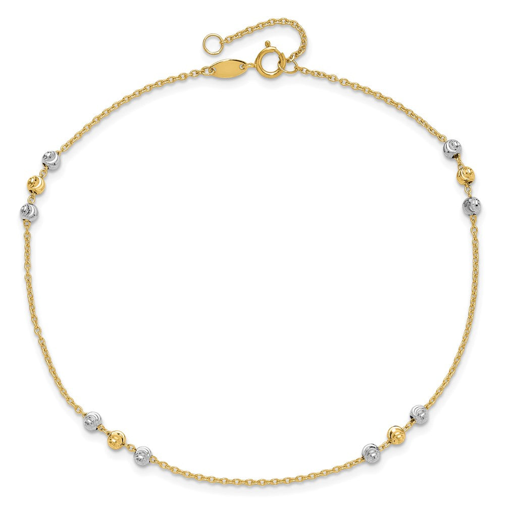 14K Two-Tone Gold Two-tone Diamond-cut Beaded 4-Station 9 Inch Plus 1 Inch Extender - Total 10 Inch Anklet