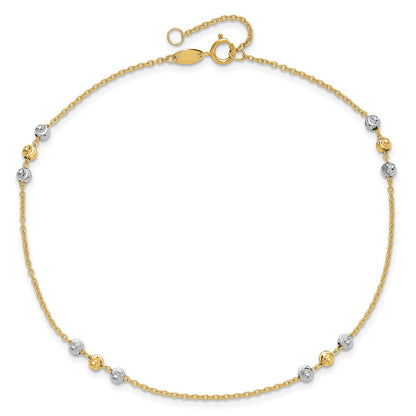 14K Two-Tone Gold Two-tone Diamond-cut Beaded 4-Station 9 Inch Plus 1 Inch Extender - Total 10 Inch Anklet