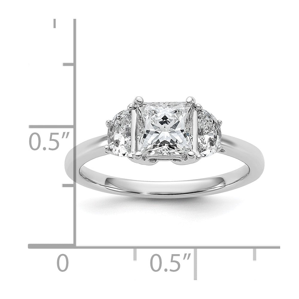 14K White Gold 1 3/8 carat Certified Lab Grown Diamond VS+ F+ Princess and Half Moon Complete Three Stone Engagement Ring