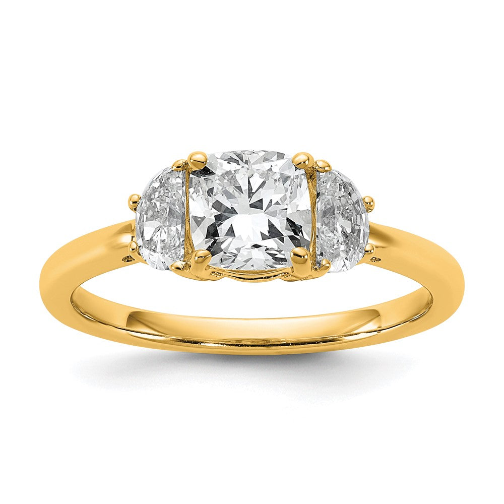 14K Yellow Gold 3/8 carat Lab Grown Diamond VS+ F+ Half Moon and 1 carat Cushion Center Semi Mount Three Stone Engagement Ring