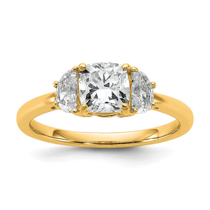 14K Yellow Gold 3/8 carat Lab Grown Diamond VS+ F+ Half Moon and 1 carat Cushion Center Semi Mount Three Stone Engagement Ring