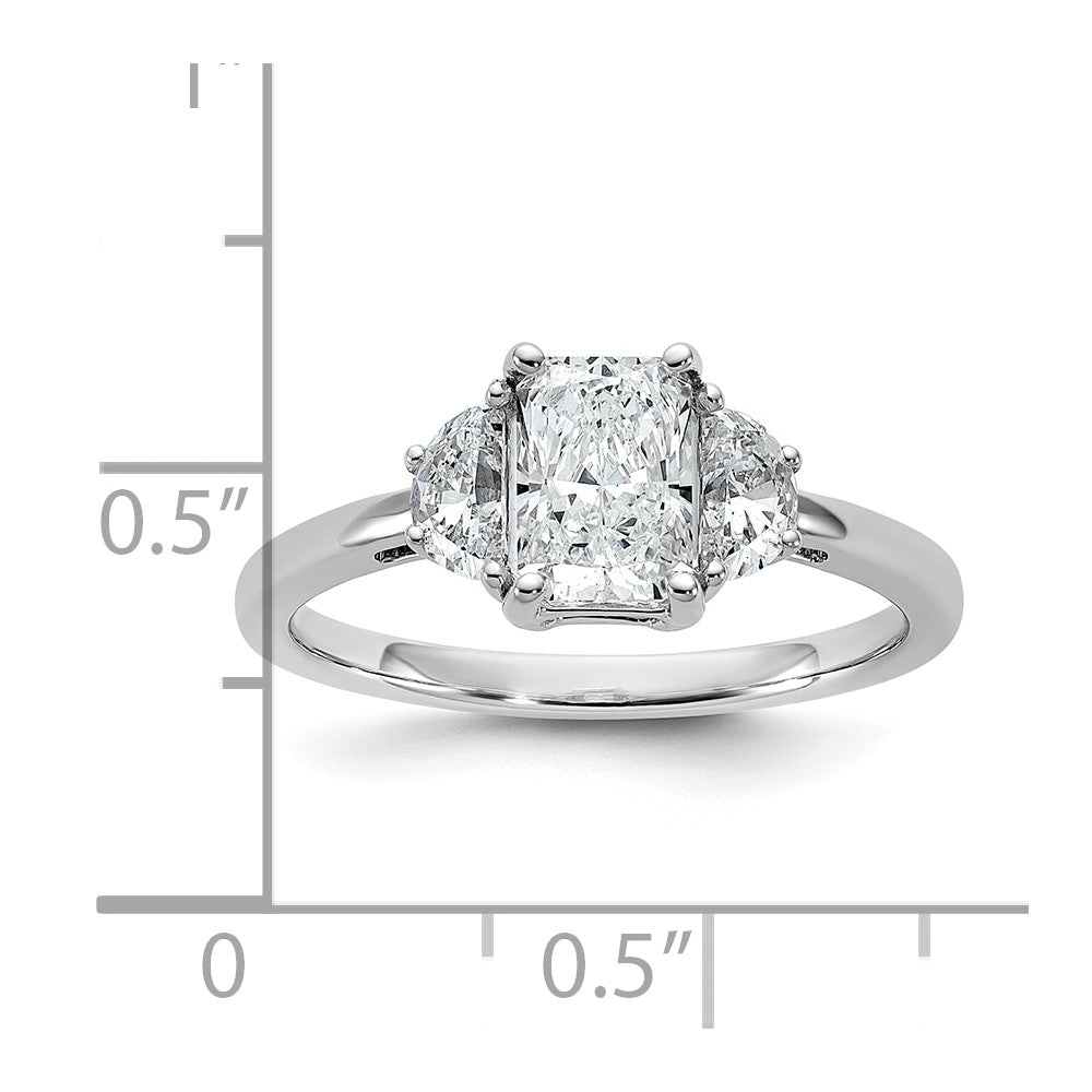 14K White Gold 3/8 carat Lab Grown Diamond VS/SI+ G+ Half Moon 1 carat Radiant Center Semi Mount Engagement Ring