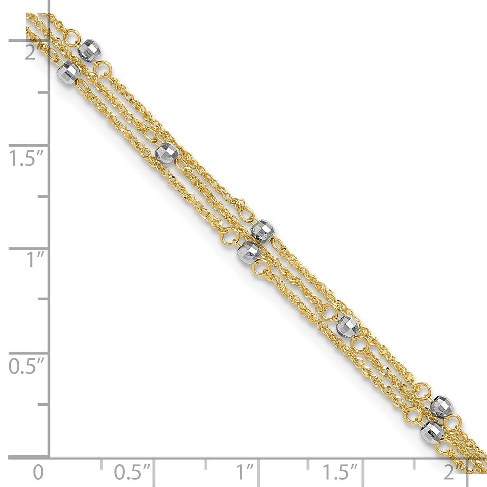 14K Two-Tone Gold Two-tone 3-Strand Chain with Mirror Beads 9 Inch Plus 1 Inch Extender - Total 10 Inch Anklet