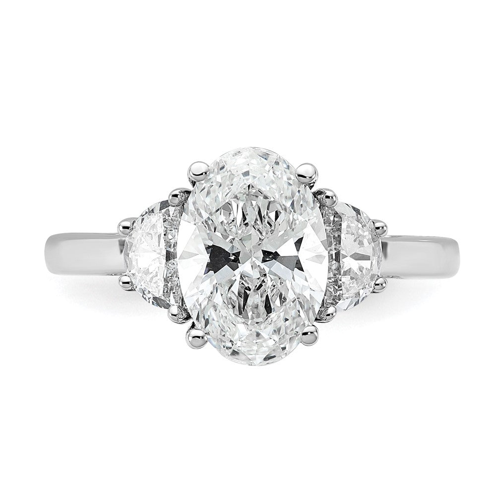 14K White Gold 1/2 carat Lab Grown Diamond VS/SI+ G+ Half Moon and 2 carat Oval Center Semi Mount Three Stone Engagement Ring
