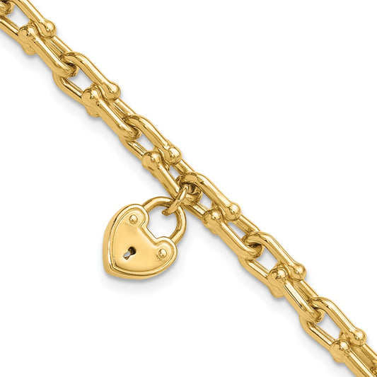 14K Yellow Gold Polished Heart Lock Charm Fancy Link 7.5 Inch Bracelet