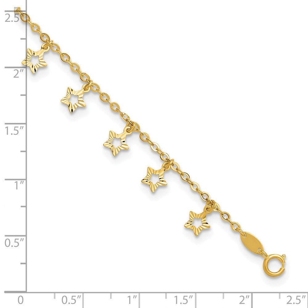 14K Yellow Gold Polished and Textured Dangle Stars 9 Inch Plus 1 Inch Star Dangle Extender - Total 10 Inch Anklet