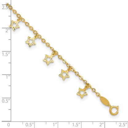 14K Yellow Gold Polished and Textured Dangle Stars 9 Inch Plus 1 Inch Star Dangle Extender - Total 10 Inch Anklet