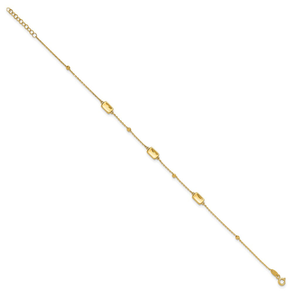 14K Yellow Gold Rectangle and Diamond-cut Bead 9 Inch Plus 1 Inch Extender - Total 10 Inch Anklet