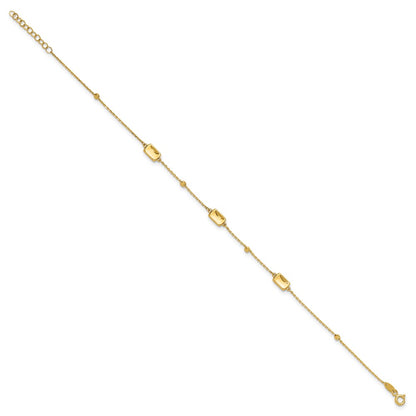 14K Yellow Gold Rectangle and Diamond-cut Bead 9 Inch Plus 1 Inch Extender - Total 10 Inch Anklet