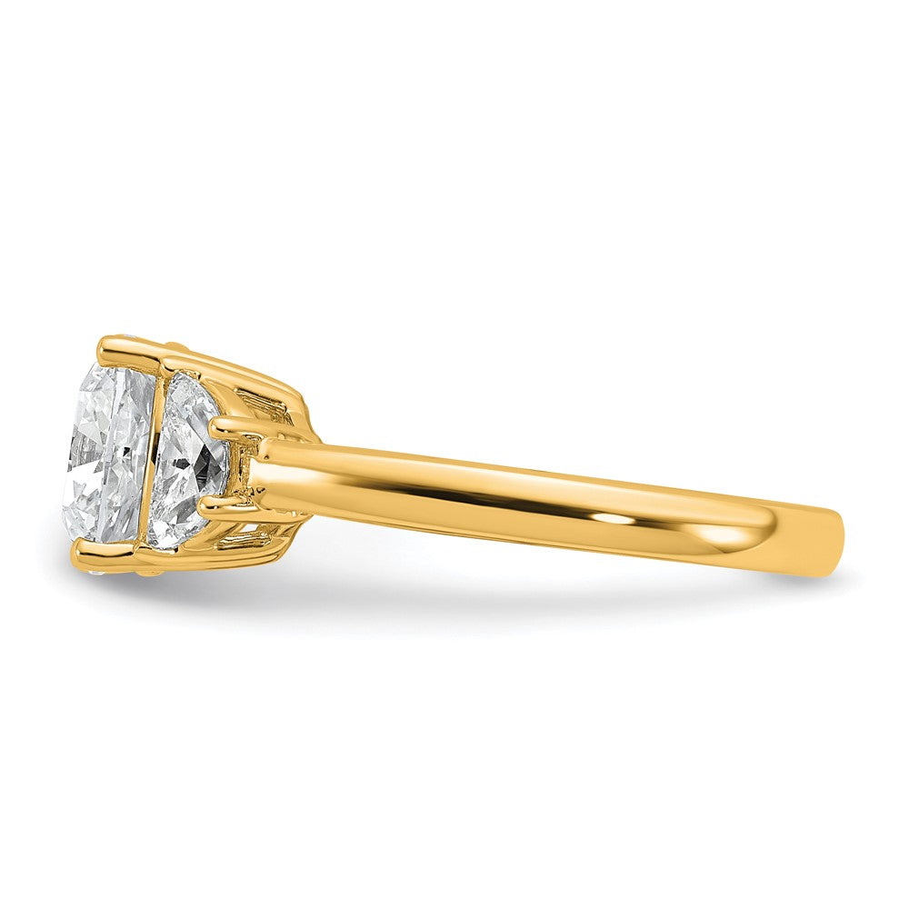 14K Yellow Gold 3 1/8 carat Certified Lab Grown Diamond VS+ F+ Complete Cushion and Half Moon Three Stone Engagement Ring
