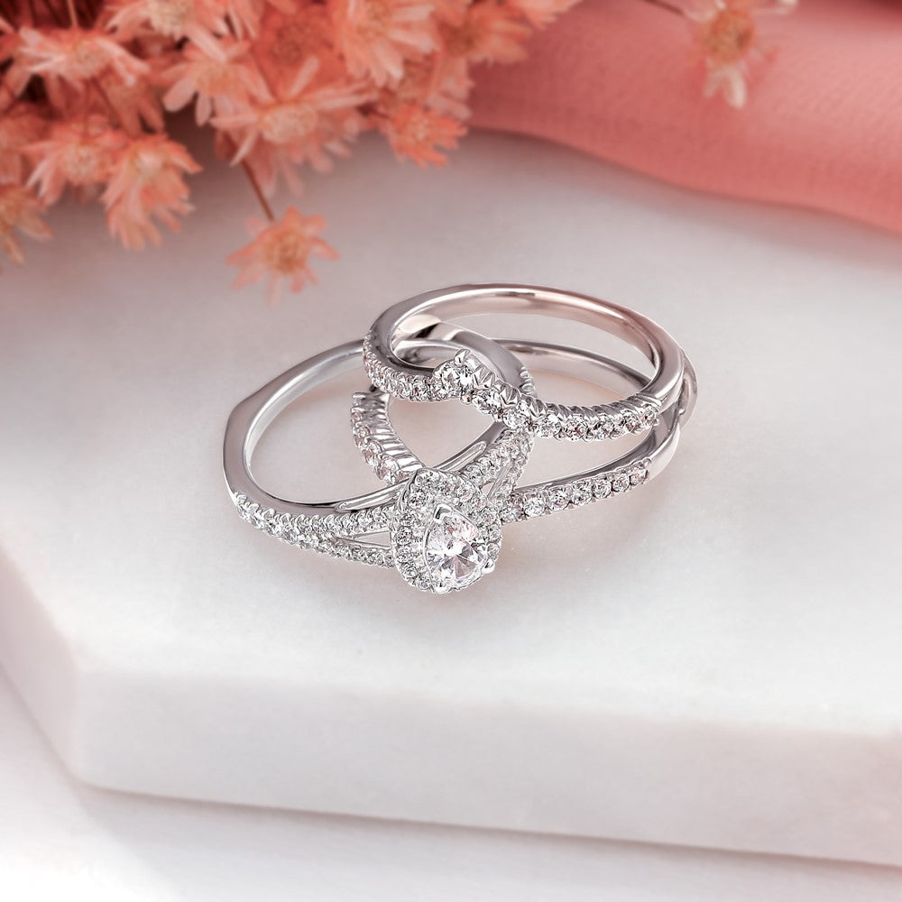 14K White Gold Halo Plus (Holds 1/2 carat (6x4mm) Pear Center) 3/8 carat Diamond Semi-mount Engagement Ring
