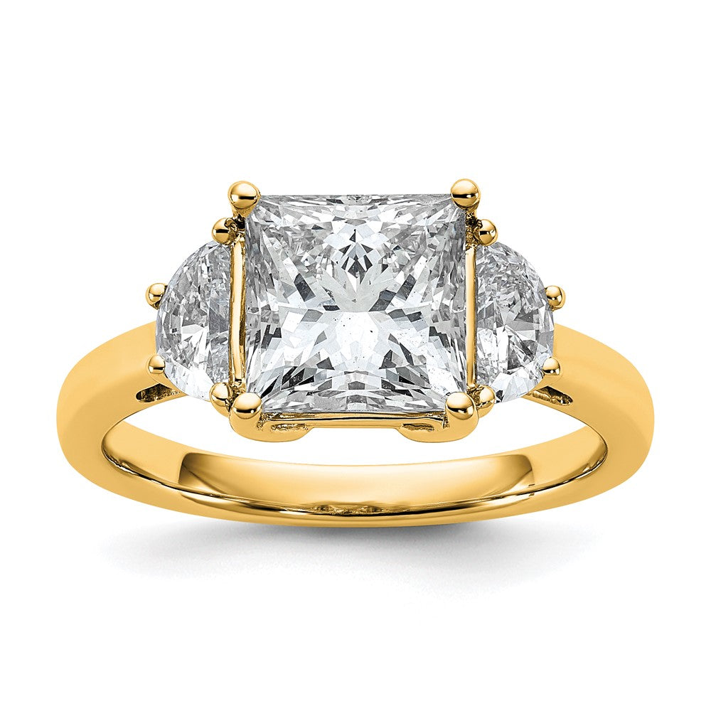14K Yellow Gold 3 1/8 carat Certified Lab Grown Diamond VS/SI+ G+ Princess and Half Moon Complete Three Stone Engagement Ring