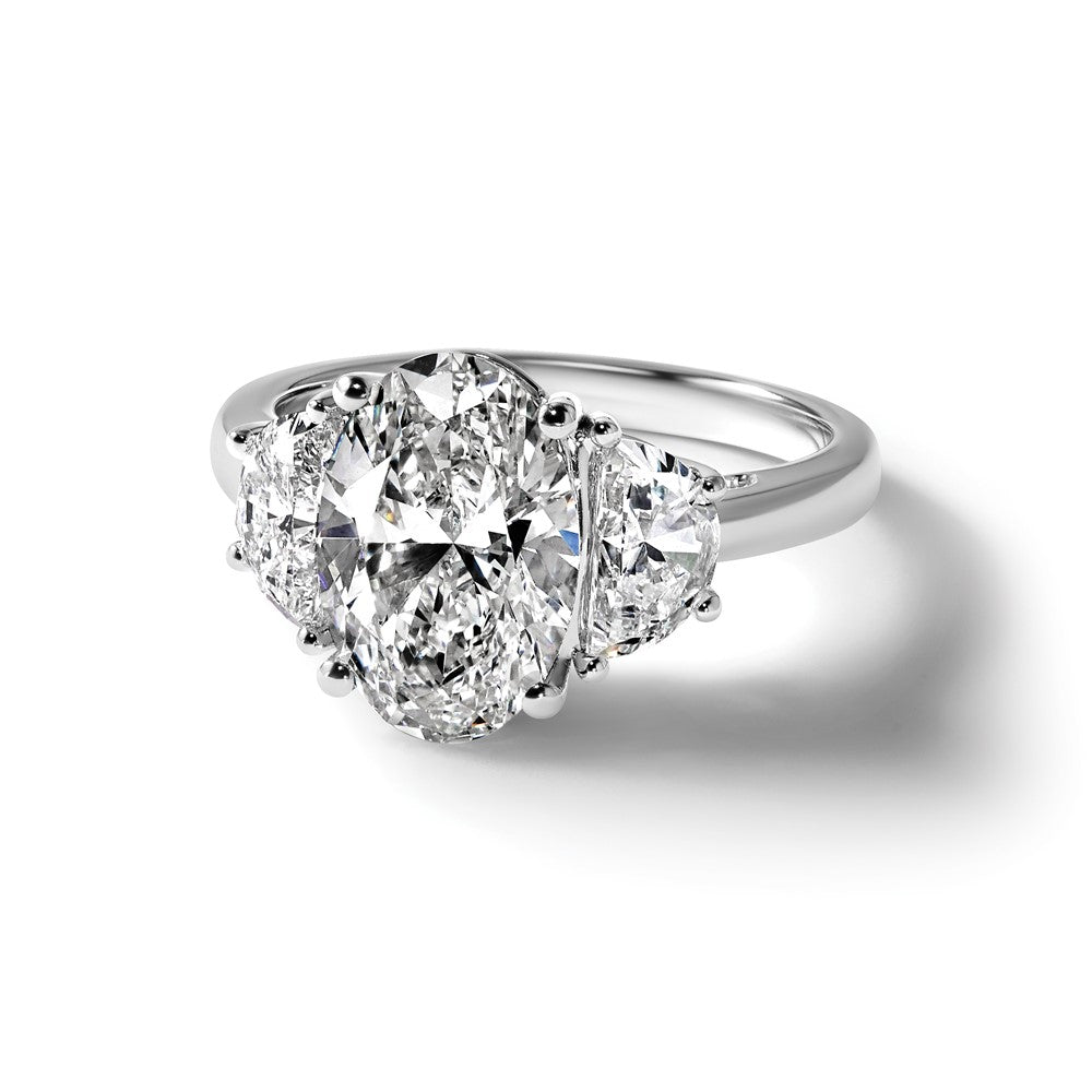 14K White Gold 1 carat Lab Grown Diamond VS/SI+ G+ Half Moon and 3 carat Oval Center Semi Mount Three Stone Engagement Ring