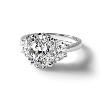 14K White Gold 1 carat Lab Grown Diamond VS/SI+ G+ Half Moon and 3 carat Oval Center Semi Mount Three Stone Engagement Ring