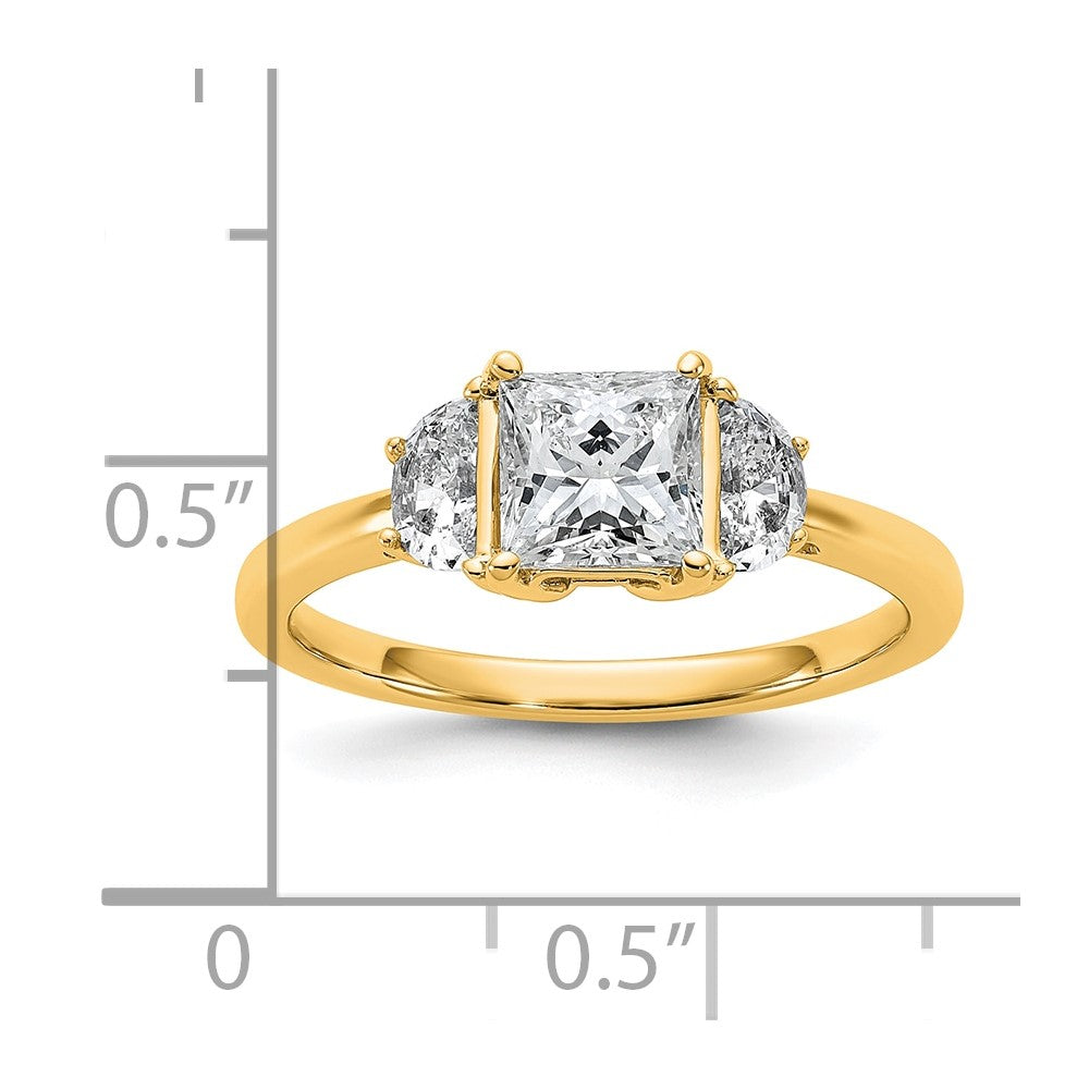 14K Yellow Gold 3/8 carat Lab Grown Diamond VS/SI+ G+ Half Moon 1 carat Princess Center Semi Mount Three Stone Engagement Ring