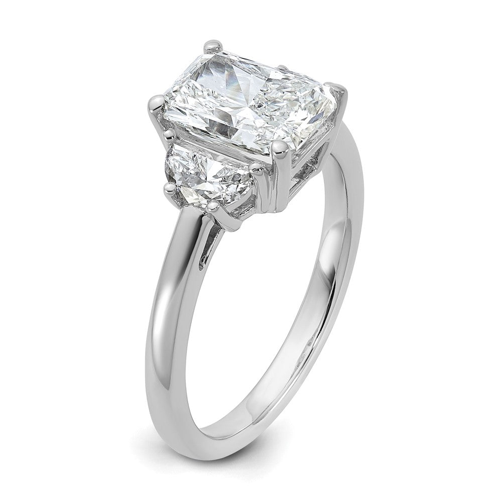 14K White Gold 2 1/2 carat Certified Lab Grown Diamond VS/SI+ G+ Radiant and Half Moon Complete Three Stone Engagement Ring