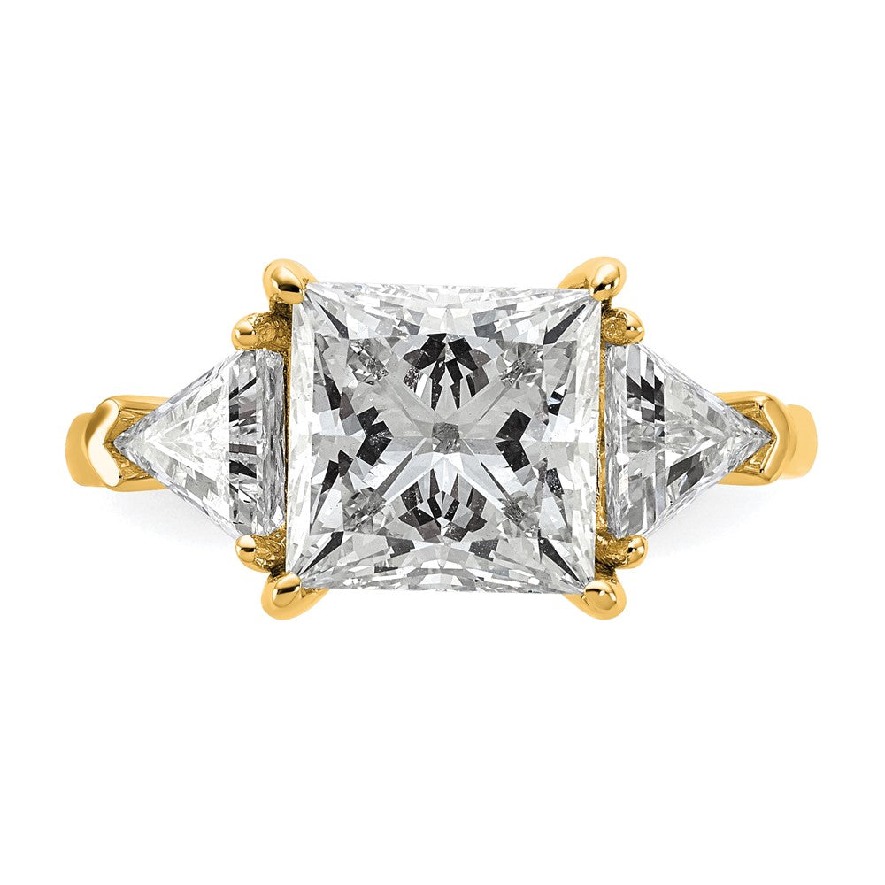 14K Yellow Gold 4 1/8 carat Certified Lab Grown Diamond VS+ F+ Princess and Trillion Complete Three Stone Engagement Ring