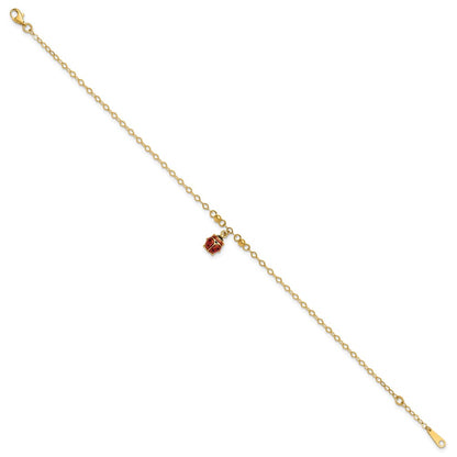 14K Yellow Gold Red and Black Enameled Ladybug 9 Inch Plus 1 Inch Extender - Total 10 Inch Anklet