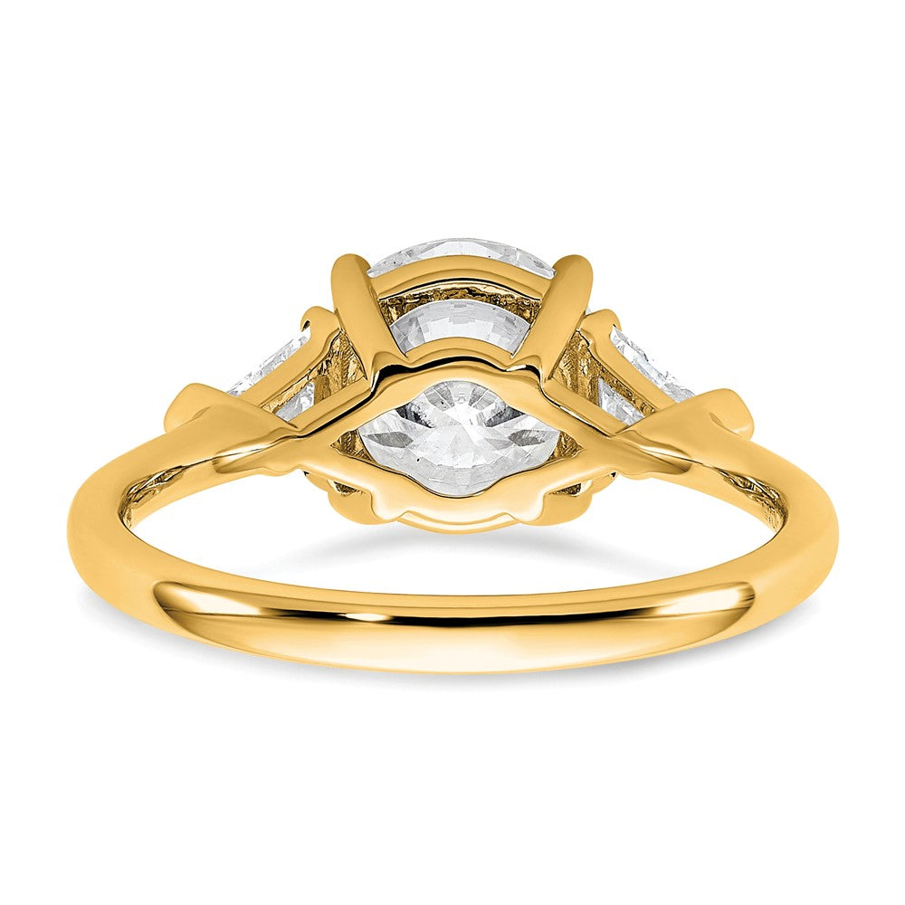 14K Yellow Gold 1/2 carat Lab Grown Diamond VS/SI+ G+ Triangle 2 carat Round Semi Mount Three Stone Engagement Ring