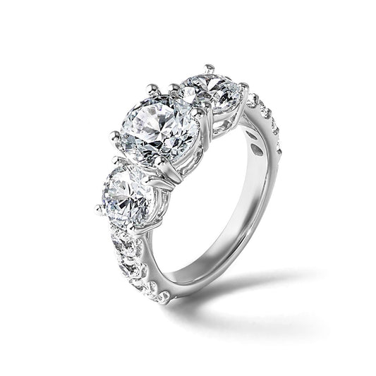 14K White Gold 5 carat Lab Grown Diamond VS+ F+ Round Complete Three Stone Engagement Ring