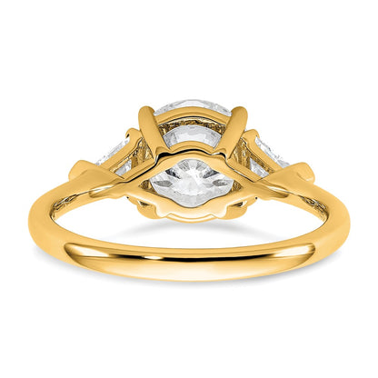 14K Yellow Gold 1/2 carat Lab Grown Diamond VS+ F+ Triangle 2 carat Round Semi Mount Three Stone Engagement Ring