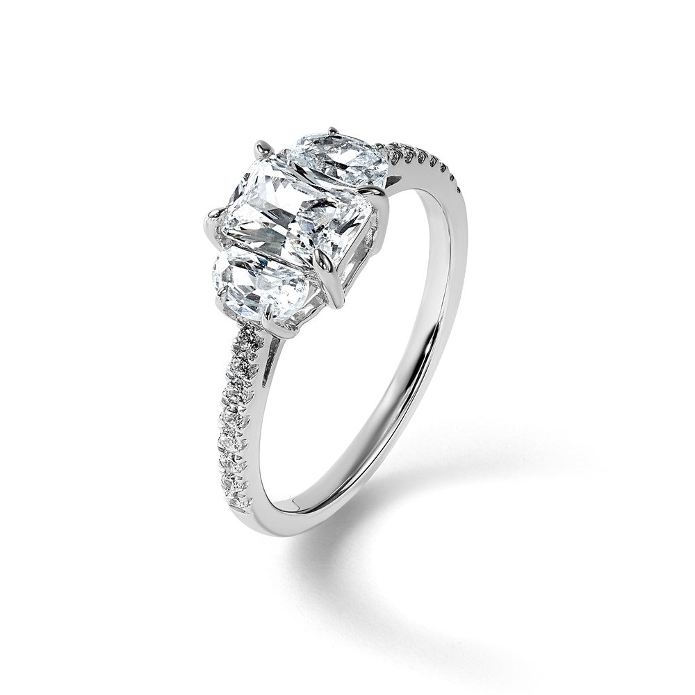 14K White Gold 3/4 carat Lab Grown Diamond VS+ F+Half Moon 1 carat Center Radiant Semi Mount Three Stone Engagement Ring