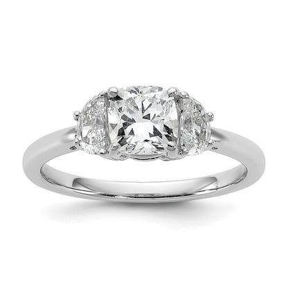 14K White Gold 3/8 carat Lab Grown Diamond VS/SI+ G+ Half Moon and 1 carat Cushion Center Semi Mount Three Stone Engagement Ring