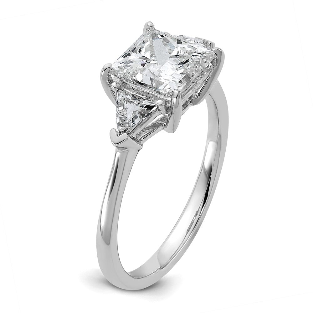 14K White Gold 2 1/2 carat Certified Lab Grown Diamond VS+ F+ Princess and Trillion Complete Three Stone Engagement Ring