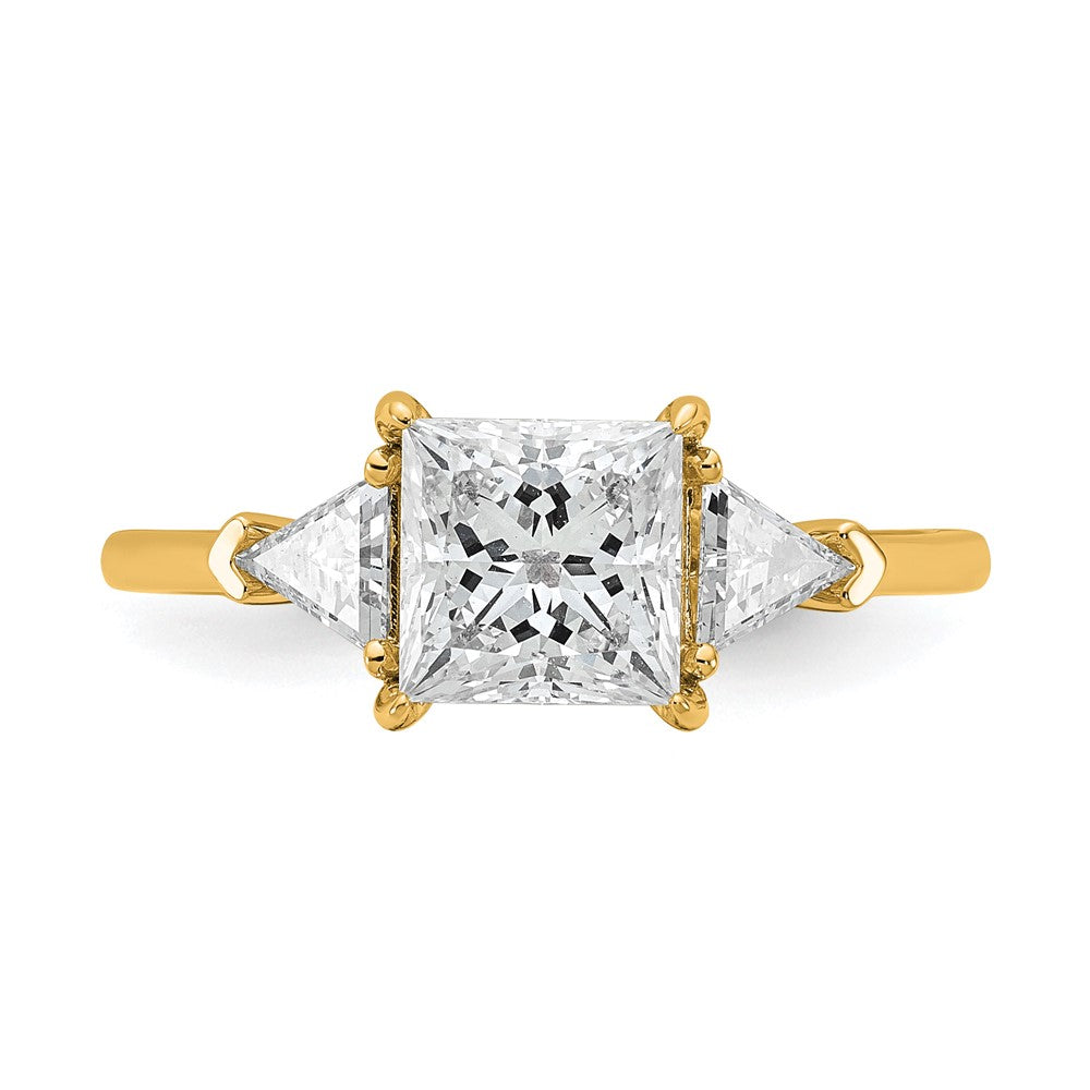 14K Yellow Gold 2 carat Certified Lab Grown Diamond VS+ F+ Princess and Trillion Complete Three Stone Engagement Ring