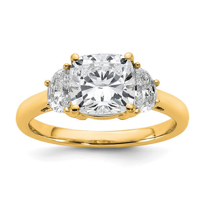 14K Yellow Gold 2 1/2 carat Certified Lab Grown Diamond VS+ F+ Complete Cushion and Half Moon Three Stone Engagement Ring