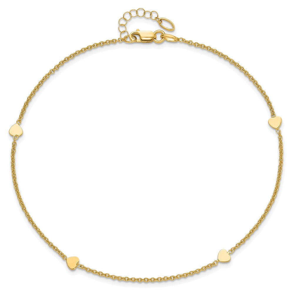 14K Yellow Gold Polished Hearts 4-Station 10 Inch Plus 1 Inch Extender - Total 11 Inch Anklet