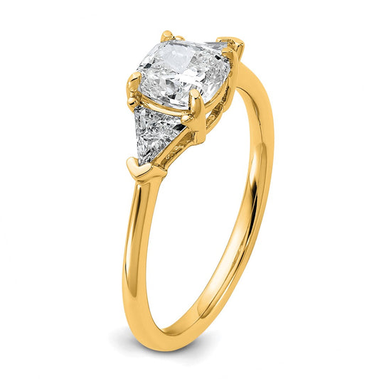 14K Yellow Gold 1/2 carat Lab Grown Diamond VS/SI+ G+ Triangle 1 carat Cushion Center Semi Mount Three Stone Engagement Ring