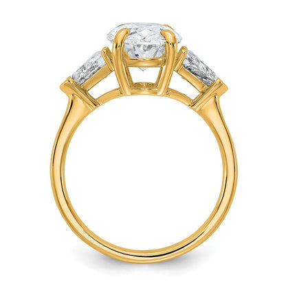 14K Yellow Gold 1 1/8 carat Lab Grown Diamond VS+ F+ Trillion and 3 carat Oval Center Semi Mount Three Stone Engagement Ring