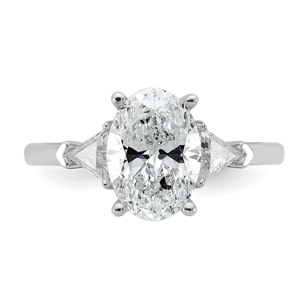 14K White Gold 1/2 carat Lab Grown Diamond VS+ F+ Trillion and 2 carat Oval Center Semi Mount Three Stone Engagement Ring