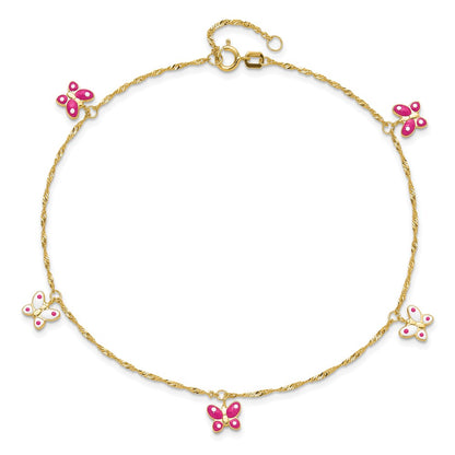 14K Yellow Gold Pink and Enameled Butterfly Dangles 9 Inch Plus 1 Inch Extender - Total 10 Inch Anklet
