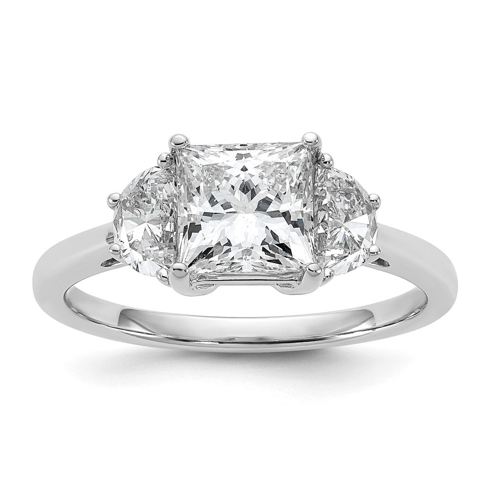 14K White Gold 2 carat Certified Lab Grown Diamond VS+ F+ Princess and Half Moon Complete Three Stone Engagement Ring