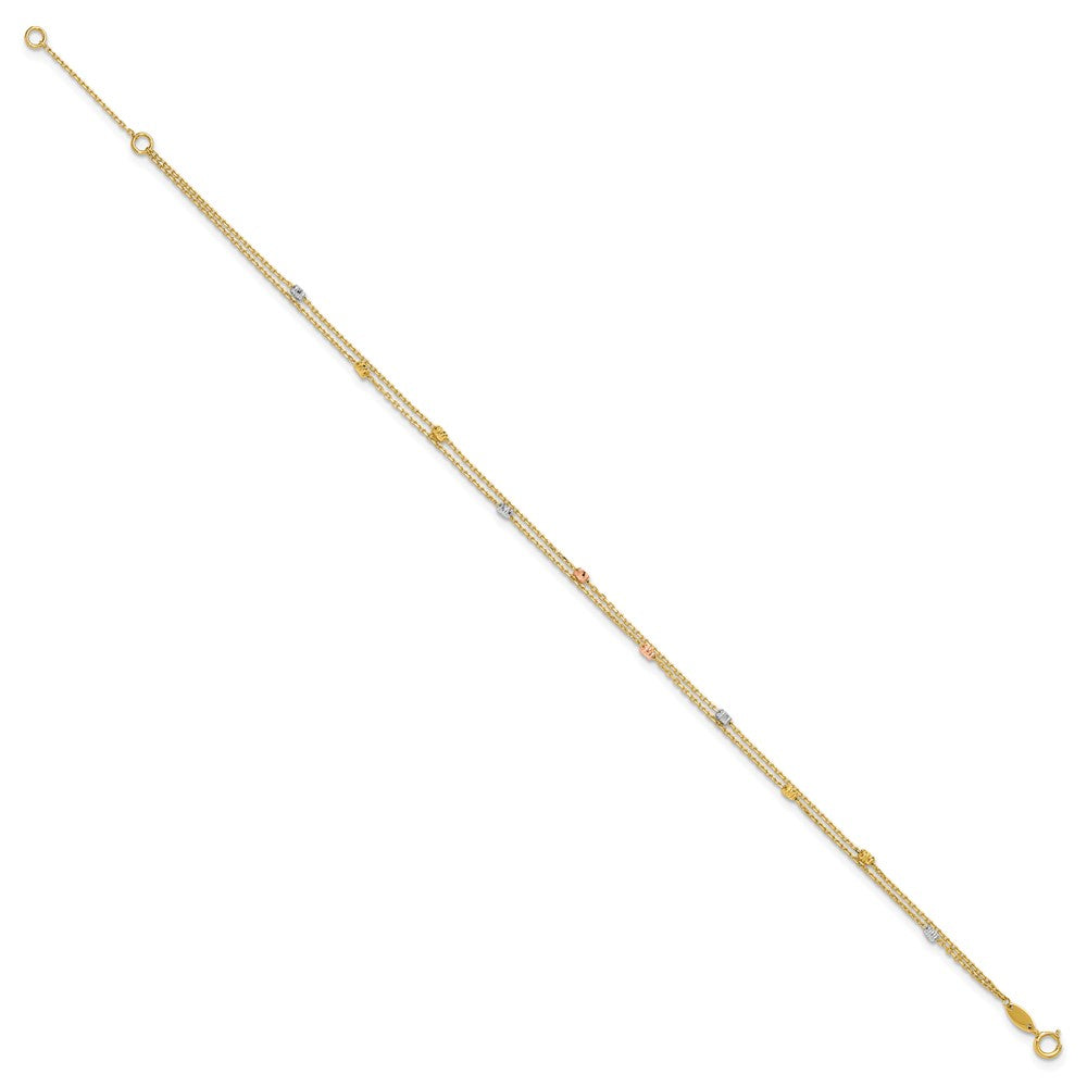 14K Tri-Color Gold Tri-color Diamond-cut Beads 2-Strand 9 Inch Plus 1 Inch Extender - Total 10 Inch Anklet