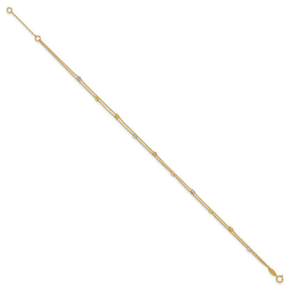 14K Tri-Color Gold Tri-color Diamond-cut Beads 2-Strand 9 Inch Plus 1 Inch Extender - Total 10 Inch Anklet