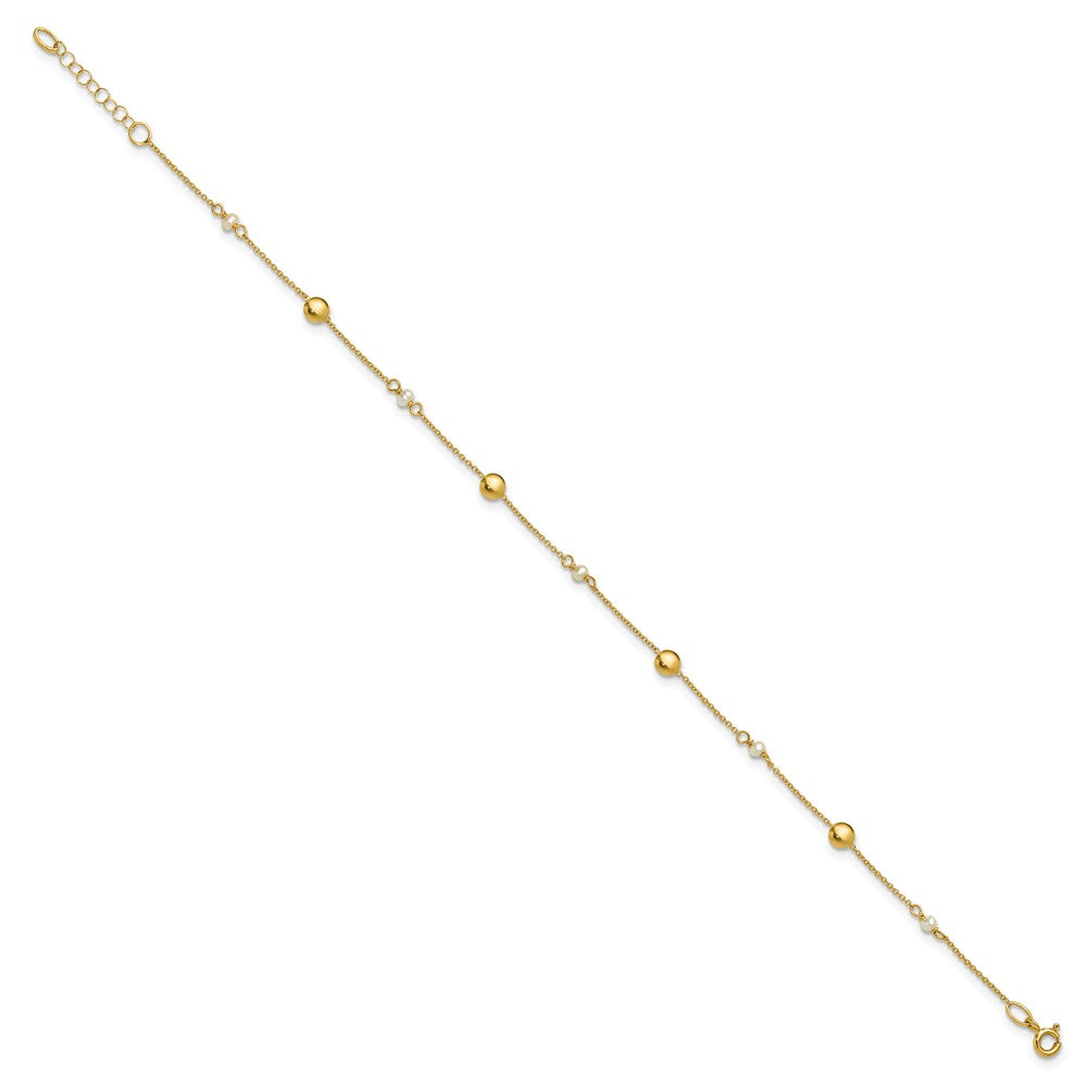 14K Yellow Gold Freshwater Cultured Pearl / Round Beads 9 Inch Plus 1 Inch Extender - Total 10 Inch Anklet