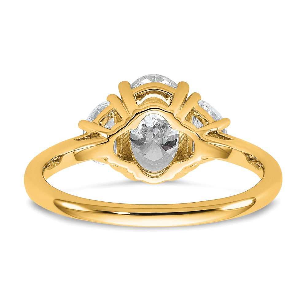 14K Yellow Gold 1/2 carat Lab Grown Diamond VS+ F+ Half Moon and 1 1/2 carat Oval Center Semi Mount Three Stone Engagement Ring