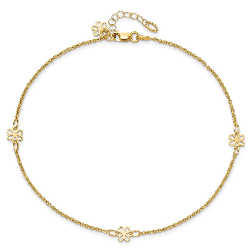 14K Yellow Gold Flowers 3-Station with Flower Dangle 10 Inch Plus 1 Inch Extender - Total 11 Inch Anklet