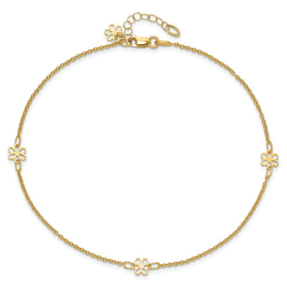 14K Yellow Gold Flowers 3-Station with Flower Dangle 10 Inch Plus 1 Inch Extender - Total 11 Inch Anklet