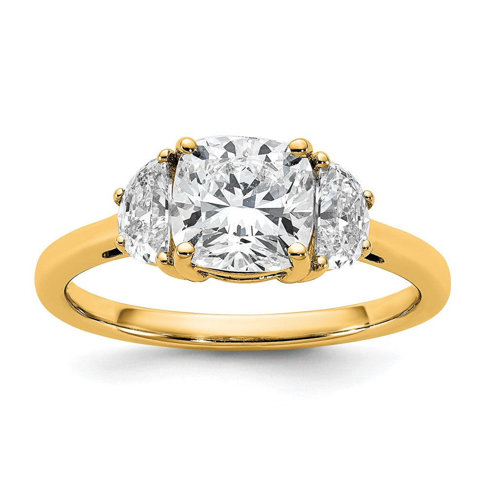 14K Yellow Gold 2 carat Certified Lab Grown Diamond VS+ F+ Complete Cushion and Half Moon Three Stone Engagement Ring
