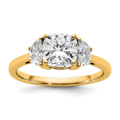 14K Yellow Gold 2 carat Certified Lab Grown Diamond VS+ F+ Complete Cushion and Half Moon Three Stone Engagement Ring