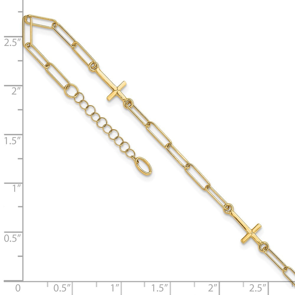 14K Yellow Gold Cross and Paperclip Link 3-Station 9 Inch Plus 1Inch Extender - Total 10 Inch Anklet
