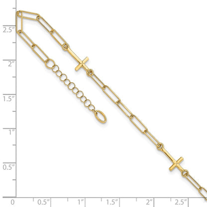 14K Yellow Gold Cross and Paperclip Link 3-Station 9 Inch Plus 1Inch Extender - Total 10 Inch Anklet