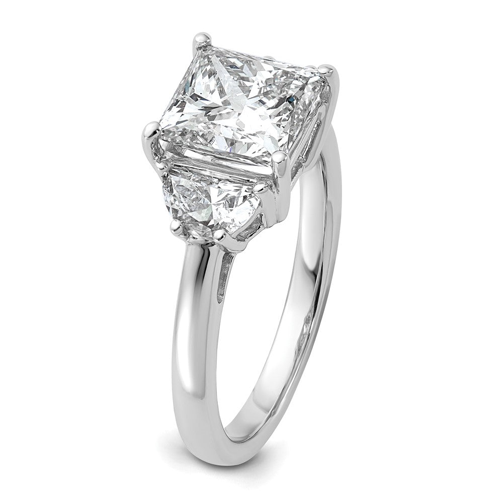 14K White Gold 3 1/8 carat Certified Lab Grown Diamond VS/SI+ G+ Princess and Half Moon Complete Three Stone Engagement Ring